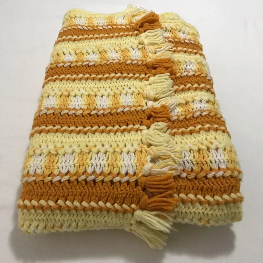 Vintage Handmade Afghan Crochet Sofa or Bed Throw Blanket Retro Yellow 91